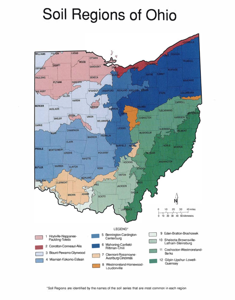 Map of soil regions throughout Ohio for gardening.