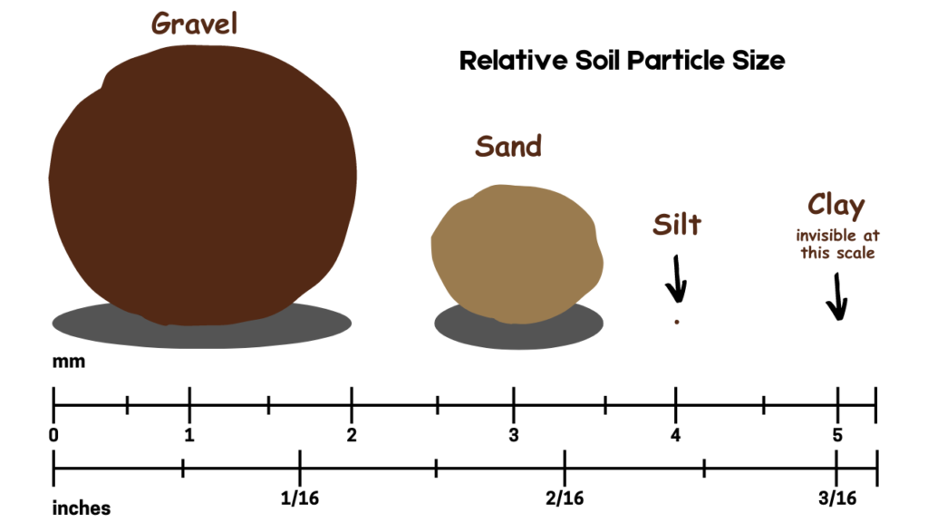 Size comparison of soil particles. Gravel being the largest then sand, silt and clay the smallest.