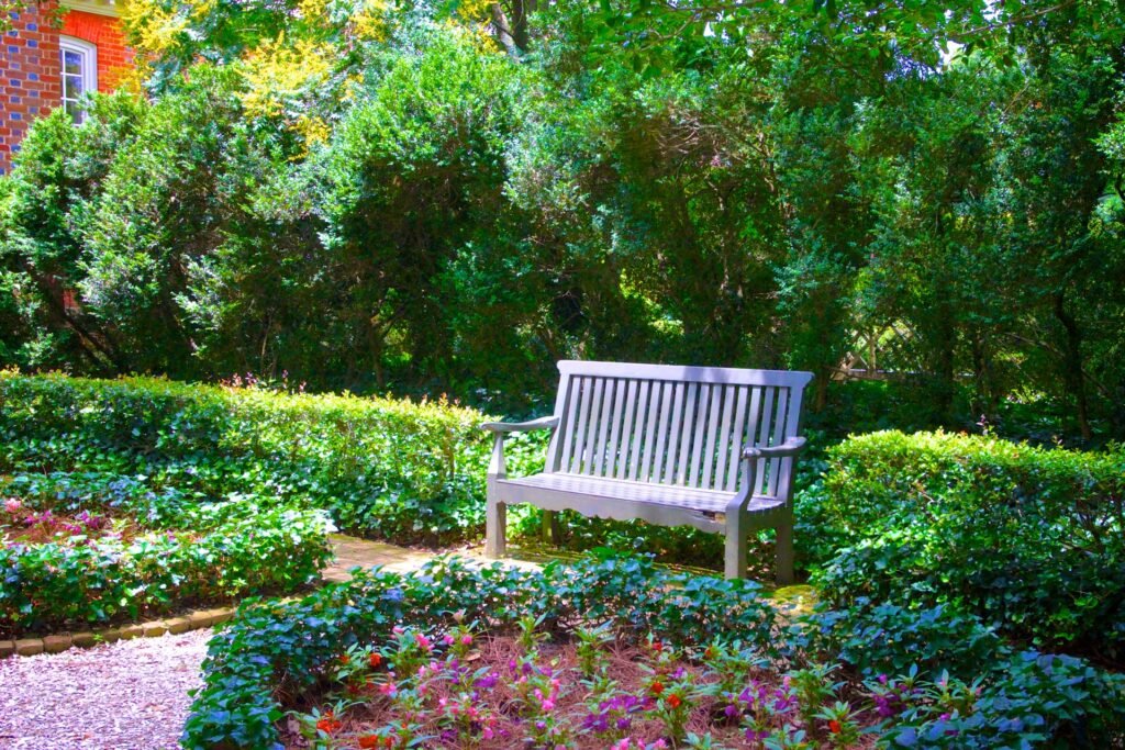 park-bench-in-flower-garden Garden full of green with a bench in the middle.