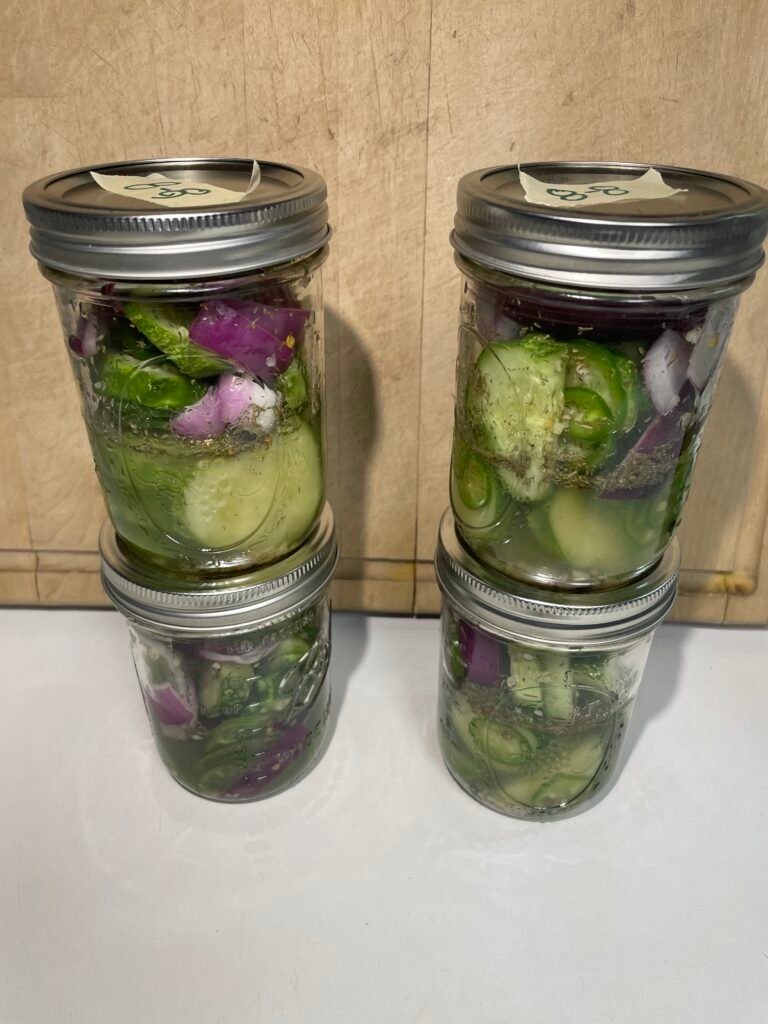 jalapeno & cucumber Canned cucumbers in pickle form.
