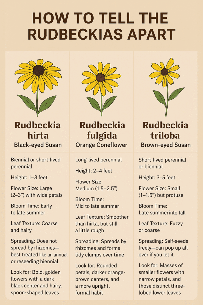 An infographic showing the difference between the three featured Rudbeckia's, hirta, fulgida and triloba.