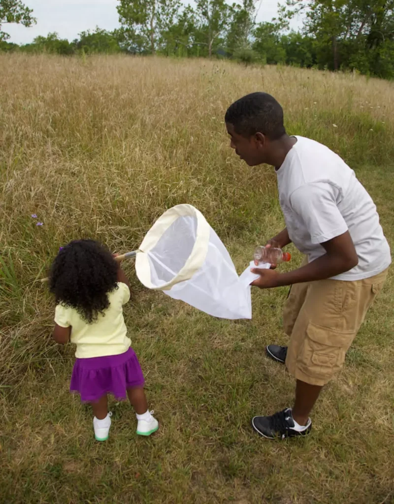 Family enjoying the outdoors A family trying to catch butterflies.