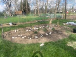 Early spring habitat garden with exposed soil, young perennials, emerging grasses, and stone edging surrounded by lawn.