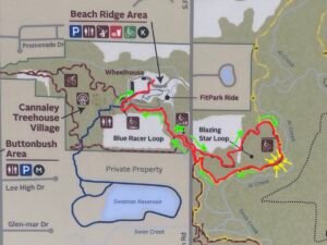 Annotated Beach Ridge trail map showing a red return route through Blazing Star Loop, green directional arrows, and yellow arrows marking where the missing lens cap was found.